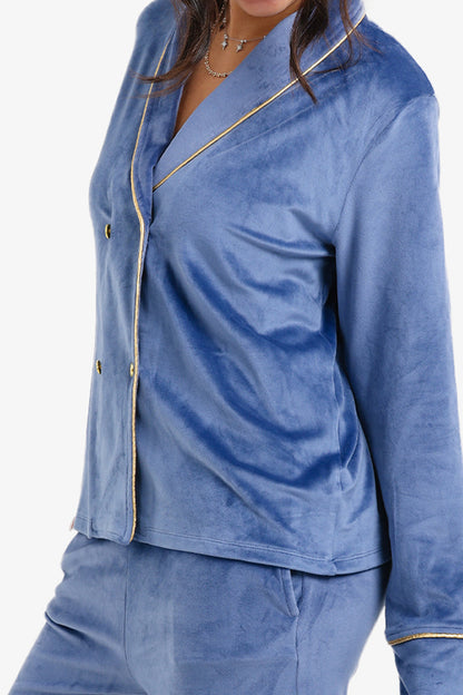 Velvet Double-Breasted Pyjama Set – Dark Indigo
