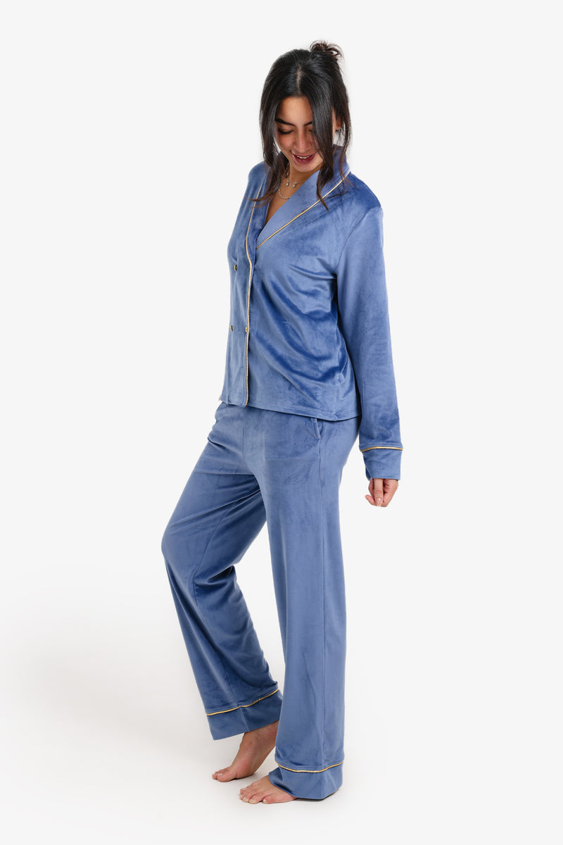 Velvet Double-Breasted Pyjama Set – Dark Indigo