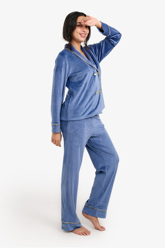 Velvet Double-Breasted Pyjama Set – Dark Indigo