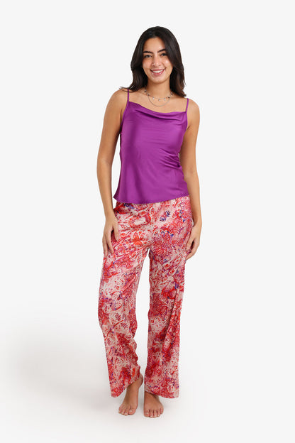 Satin Printed Pyjama Set – Purple & Multicolor