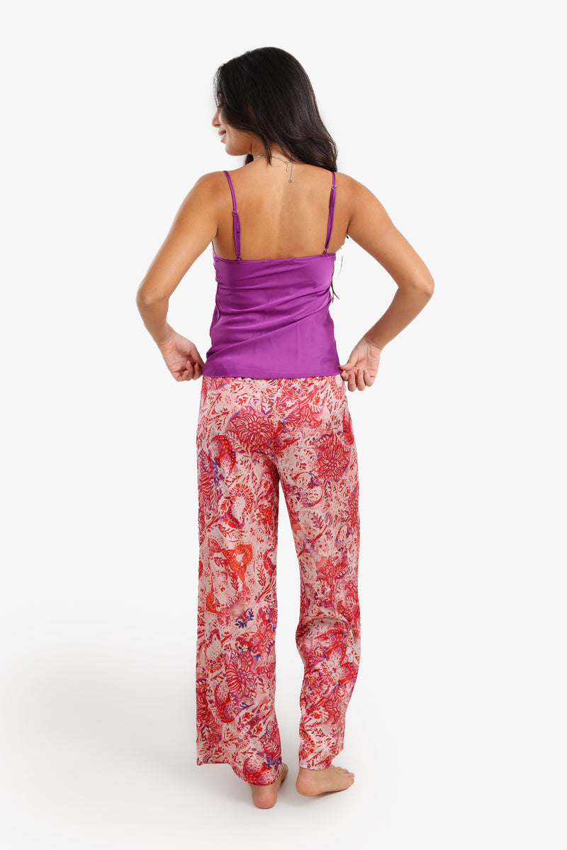Satin Printed Pyjama Set – Purple & Multicolor