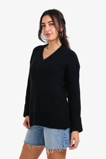 Acrylic Ribbed V-Neck Knit Pullover – Black