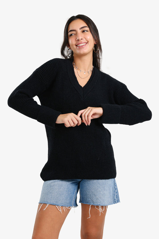 Acrylic Ribbed V-Neck Knit Pullover – Black