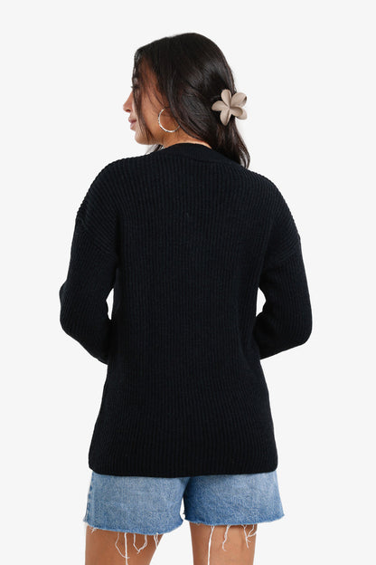 Acrylic Ribbed V-Neck Knit Pullover – Black