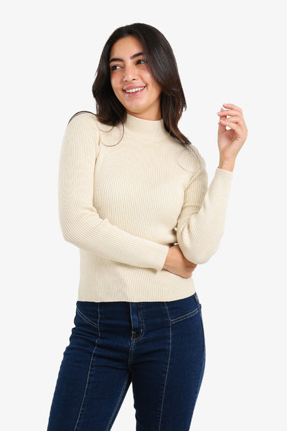 Wool Ribbed High Neck Pullover – Off White