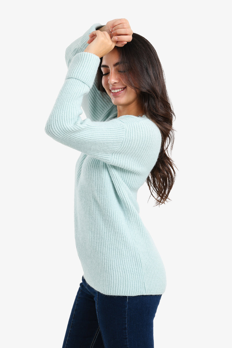Acrylic Ribbed V-Neck Knit Pullover – Light Mint