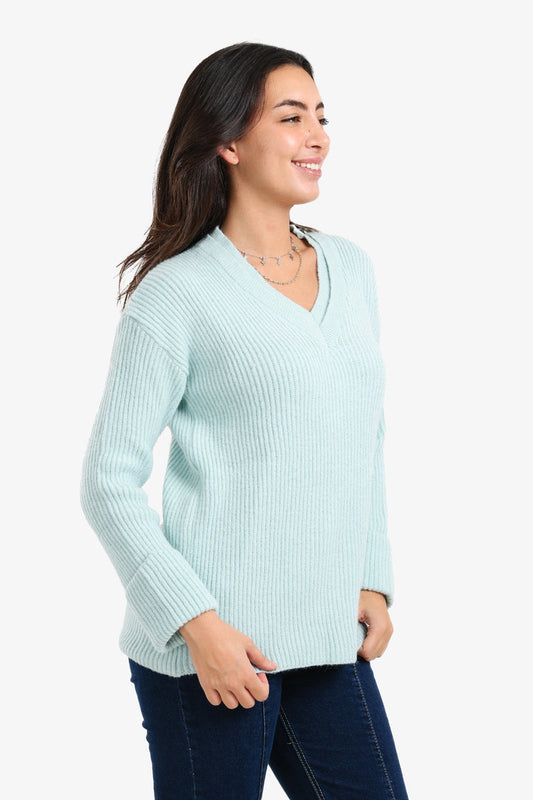 Acrylic Ribbed V-Neck Knit Pullover – Light Mint