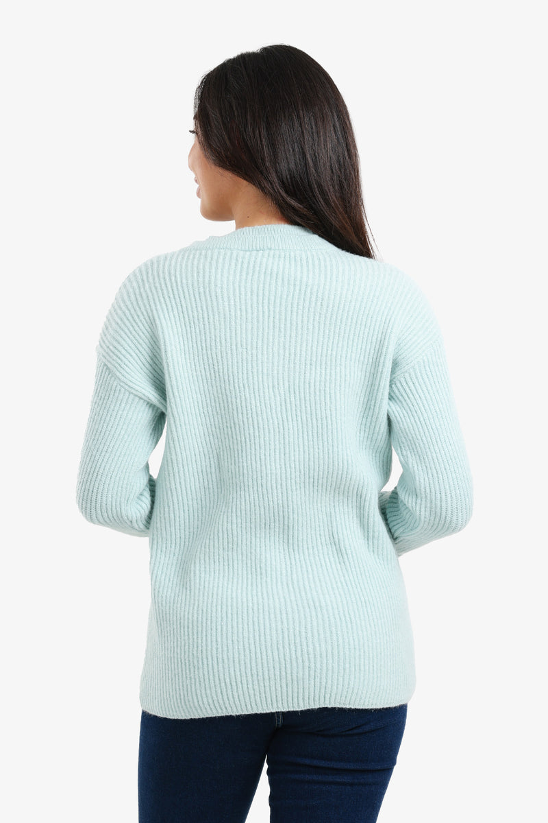 Acrylic Ribbed V-Neck Knit Pullover – Light Mint