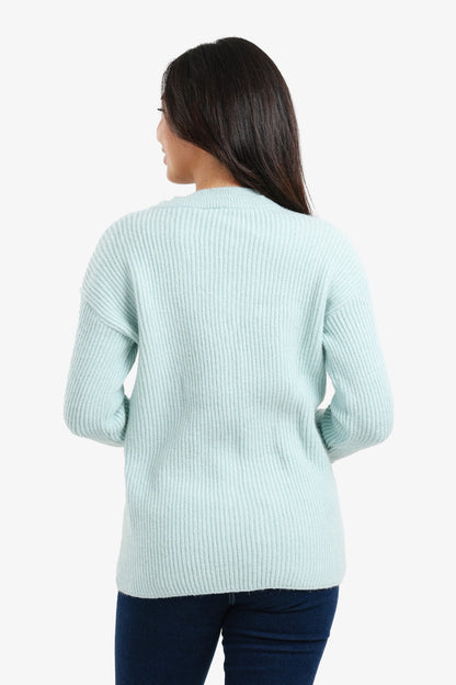Acrylic Ribbed V-Neck Knit Pullover – Light Mint