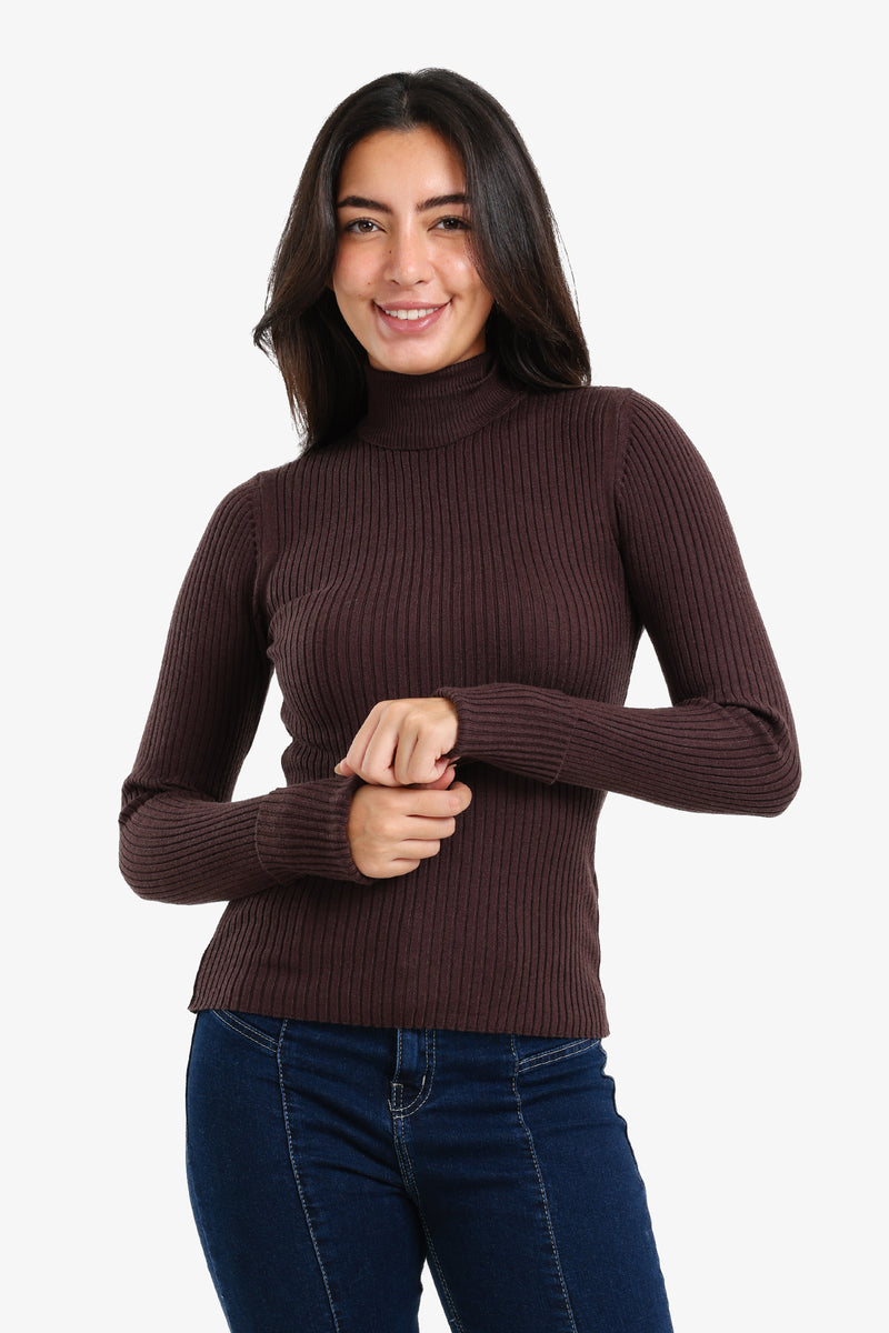 Polyamide Ribbed Turtleneck Pullover – Dark Brown