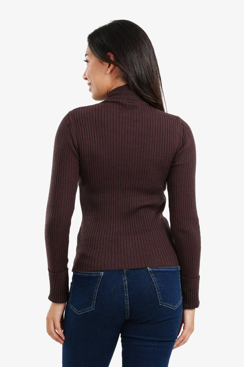 Polyamide Ribbed Turtleneck Pullover – Dark Brown