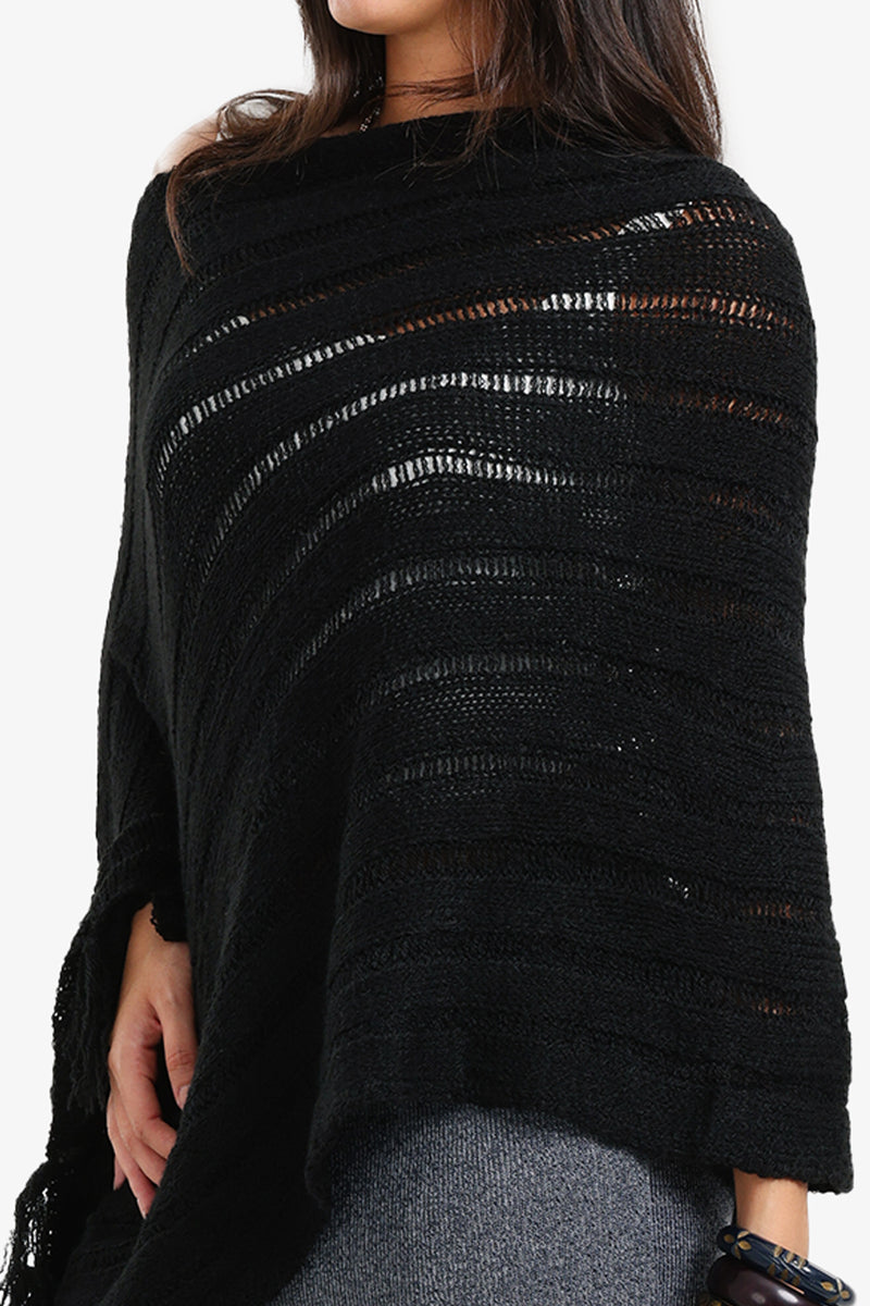 Acrylic Blend Self-Striped Knit Poncho – Black