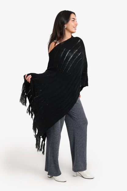 Acrylic Blend Self-Striped Knit Poncho – Black