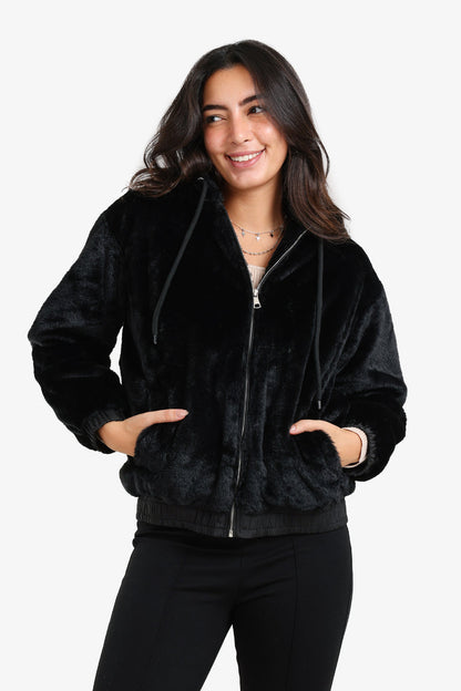 Faux Fur Cozy Hooded Jacket – Black