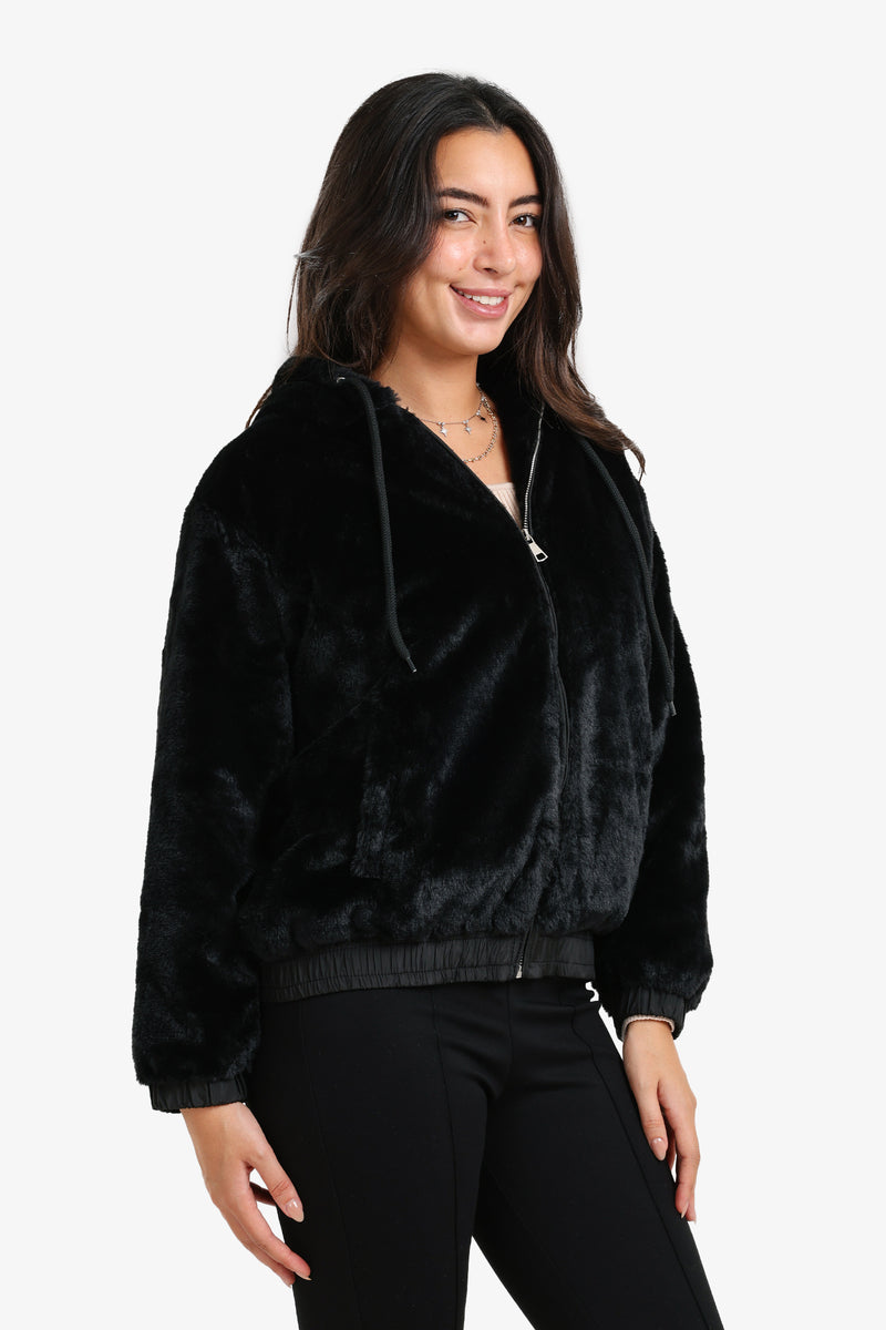 Faux Fur Cozy Hooded Jacket – Black