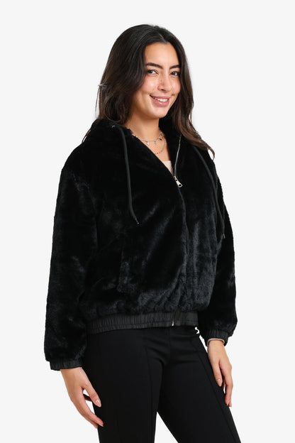 Faux Fur Cozy Hooded Jacket – Black