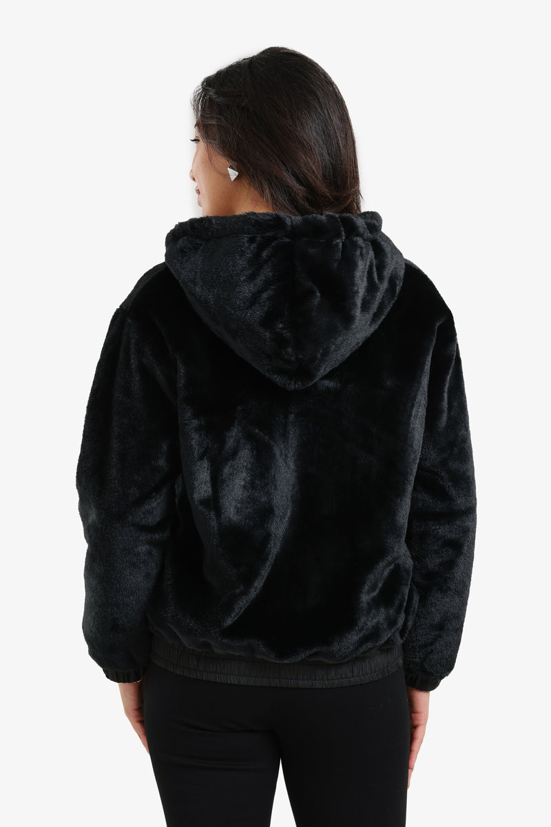 Faux Fur Cozy Hooded Jacket – Black