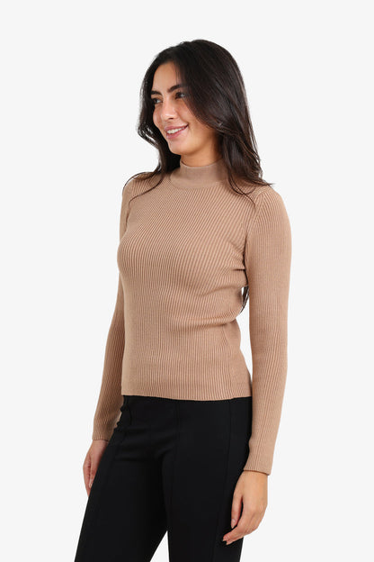 Wool Ribbed High Neck Pullover – Beige