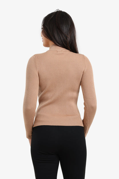 Wool Ribbed High Neck Pullover – Beige