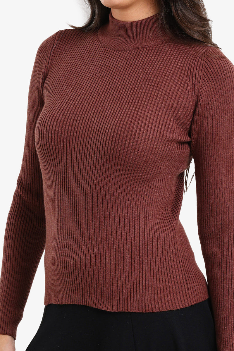 Wool Ribbed High Neck Pullover – Dark Brown