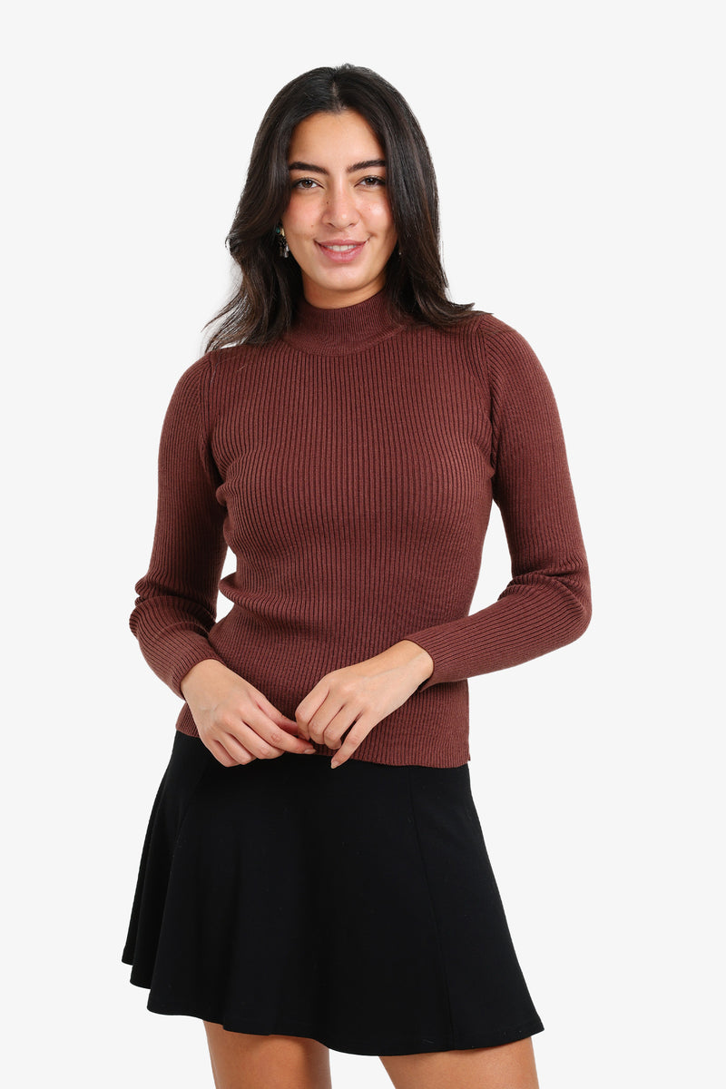 Wool Ribbed High Neck Pullover – Dark Brown