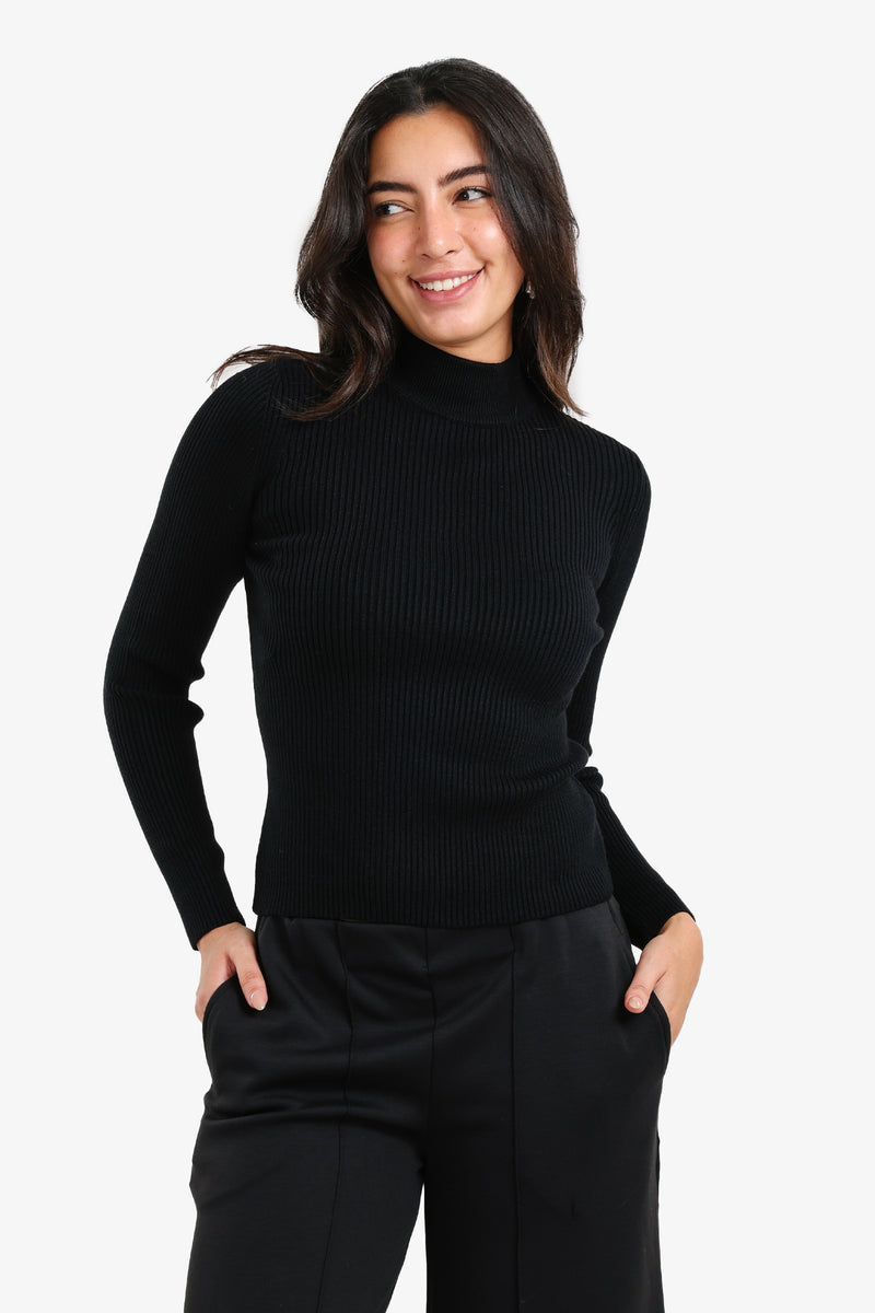 Wool Ribbed High Neck Pullover – Black