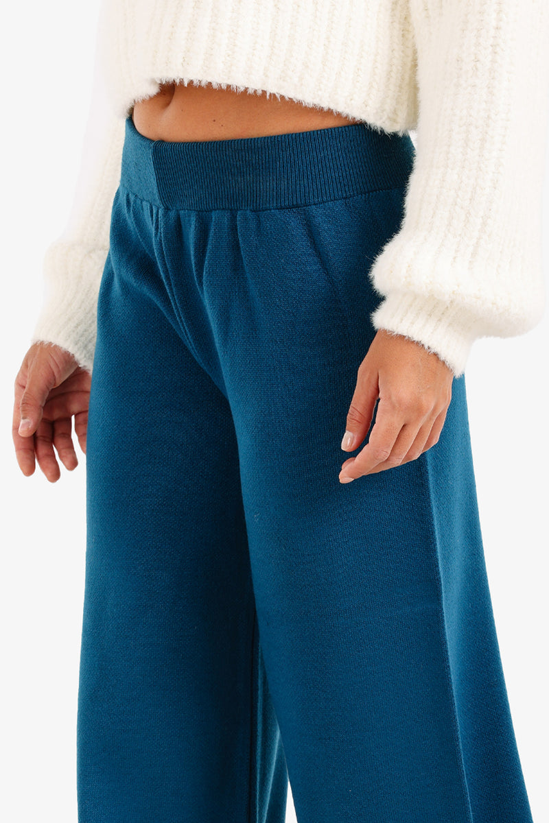 Acrylic Solid High-Waisted Lounge Pants – Blue Petroleum