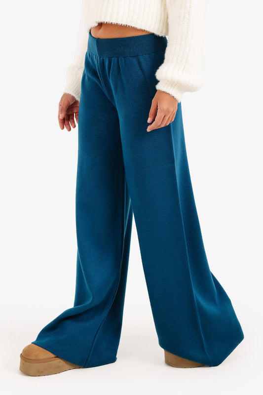 Acrylic Solid High-Waisted Lounge Pants – Blue Petroleum