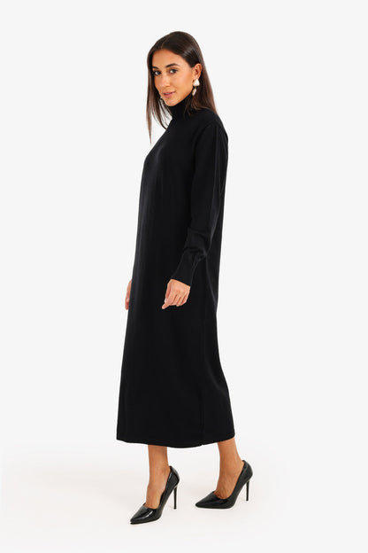 Viscose Knit Turtle Neck Midi Dress – Black
