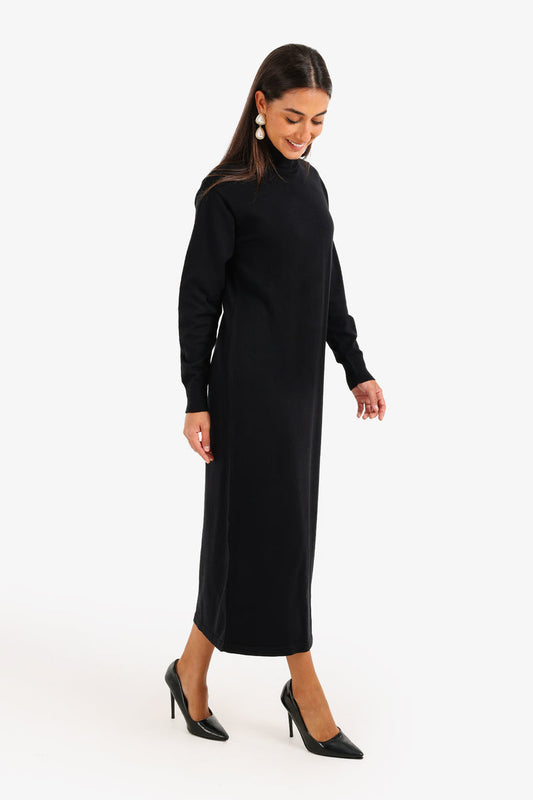 Viscose Knit Turtle Neck Midi Dress – Black