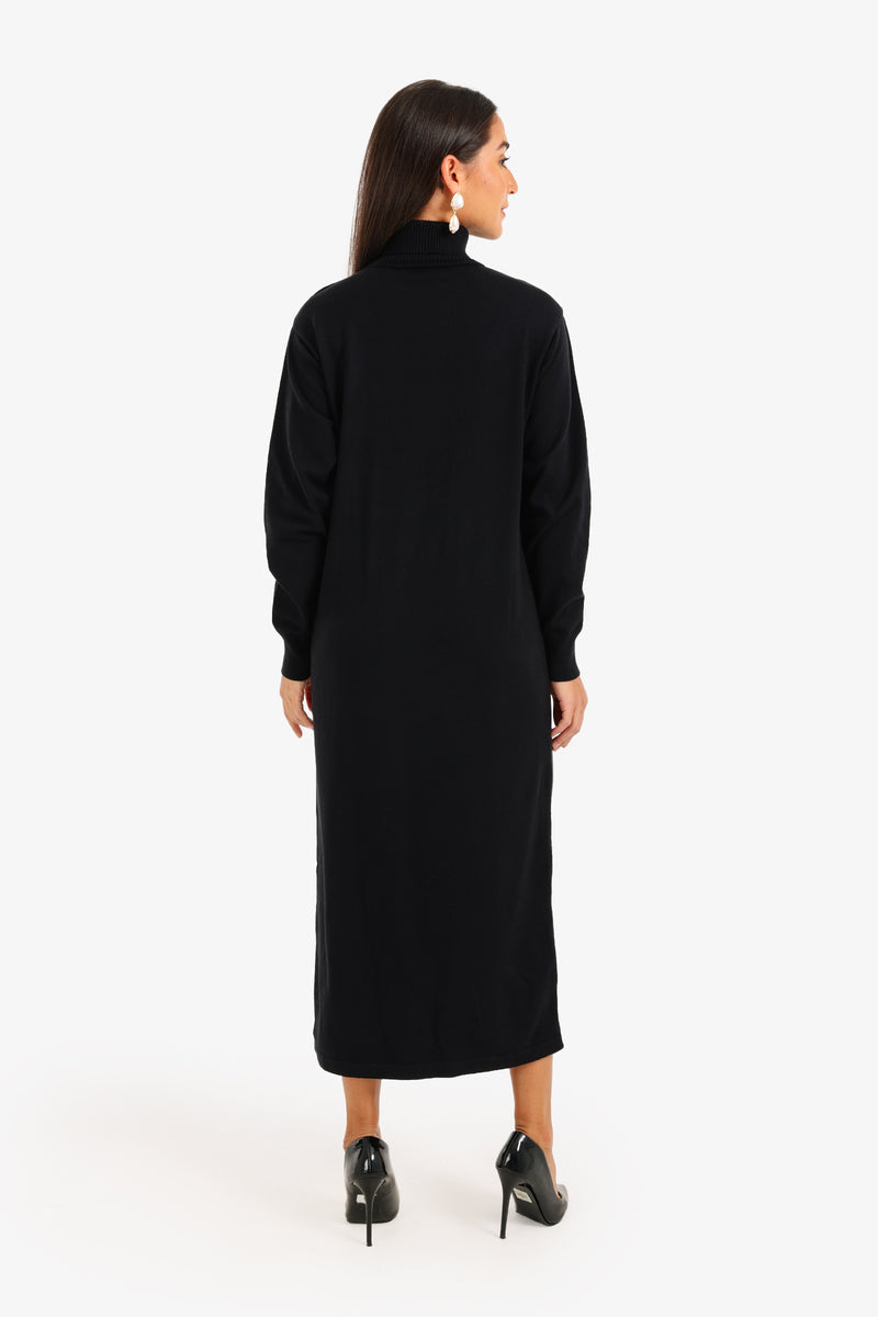 Viscose Knit Turtle Neck Midi Dress – Black