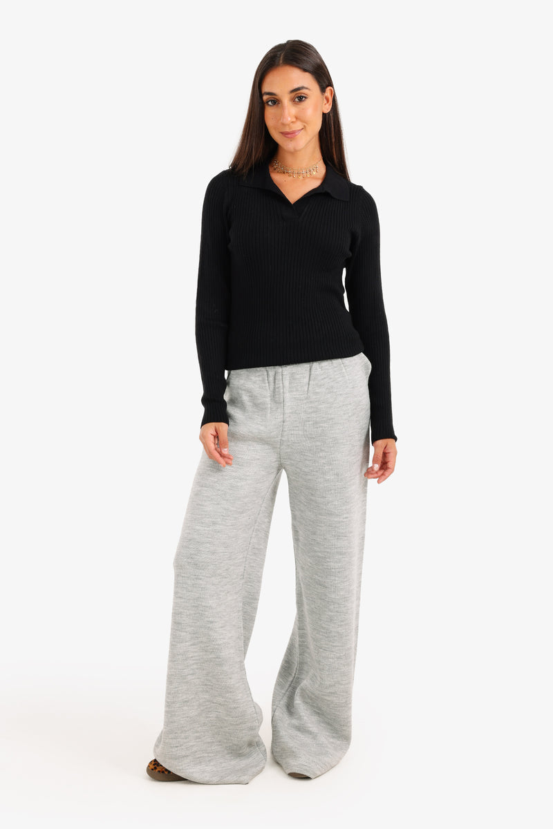 Acrylic Solid High-Waisted Lounge Pants – Grey