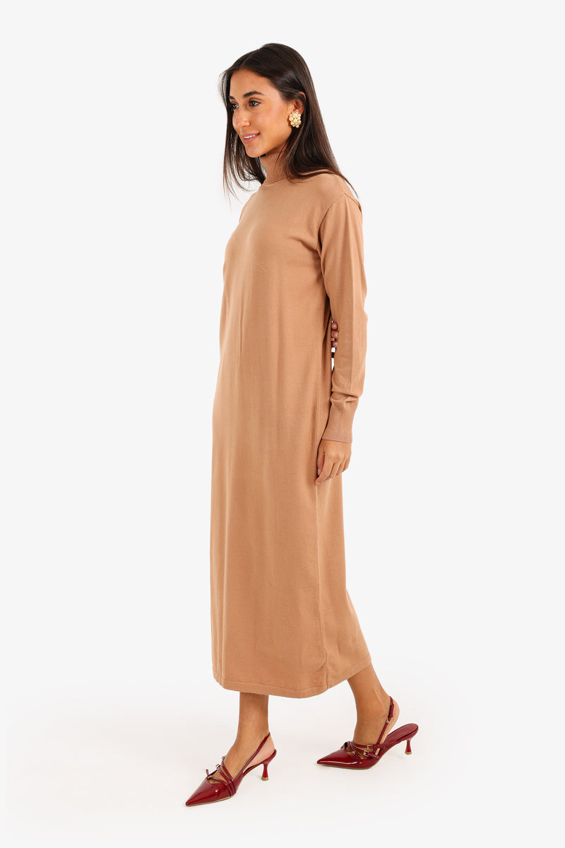 Viscose Knit Turtle Neck Midi Dress – Camel