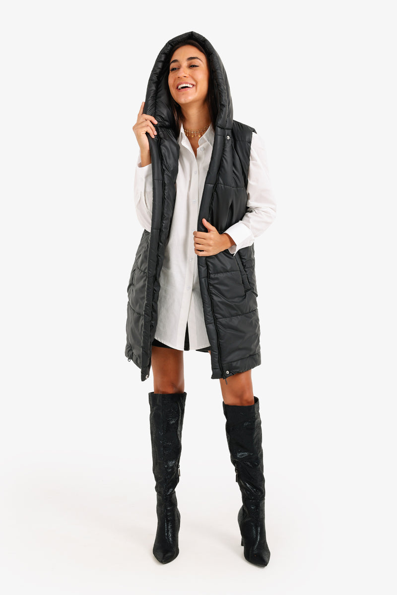 Polyester Hooded Long Puffer Vest – Black