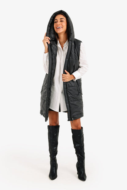 Polyester Hooded Long Puffer Vest – Black