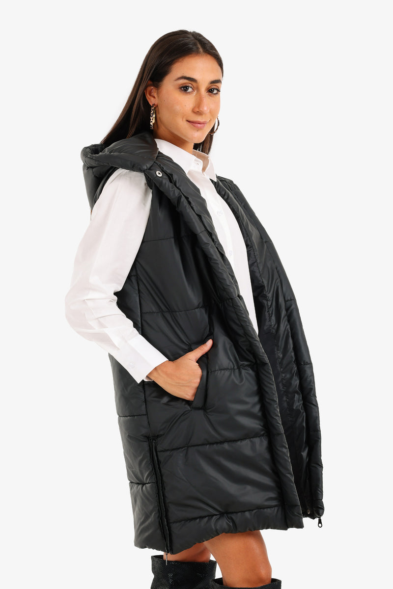 Polyester Hooded Long Puffer Vest – Black