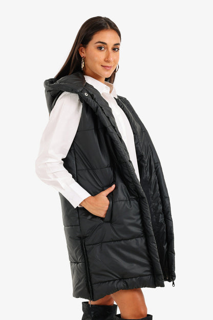 Polyester Hooded Long Puffer Vest – Black