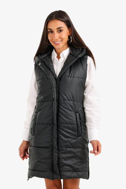 Polyester Hooded Long Puffer Vest – Black