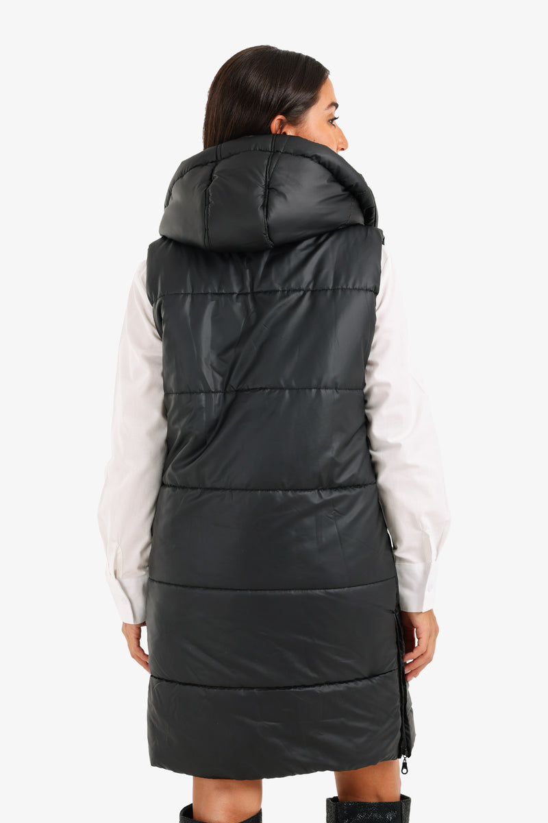 Polyester Hooded Long Puffer Vest – Black