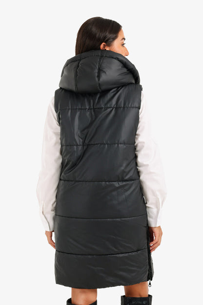 Polyester Hooded Long Puffer Vest – Black