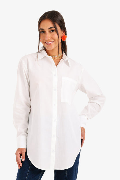 Cotton Asymmetrical Hem Shirt – White