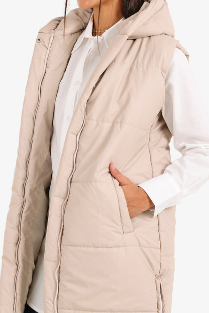 Polyester Hooded Long Puffer Vest – Beige