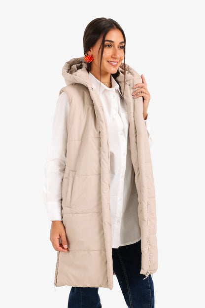 Polyester Hooded Long Puffer Vest – Beige