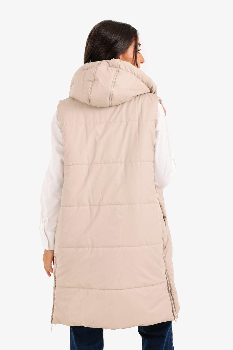 Polyester Hooded Long Puffer Vest – Beige