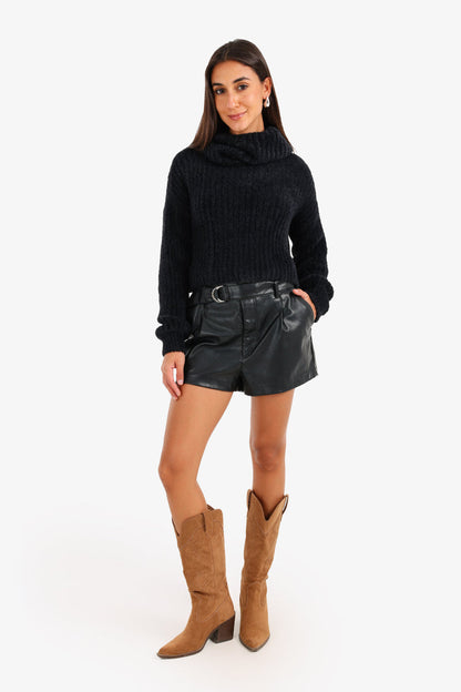 Polyamide Cowl Neck Cropped Pullover – Black