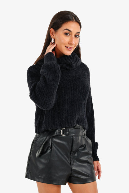Polyamide Cowl Neck Cropped Pullover – Black