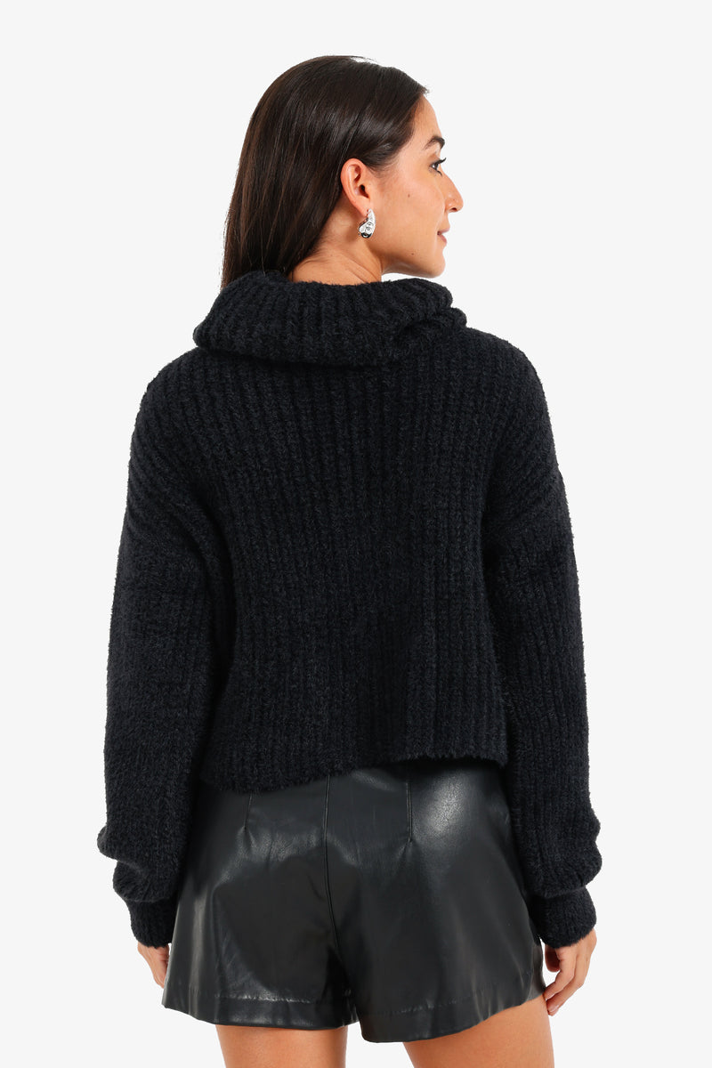 Polyamide Cowl Neck Cropped Pullover – Black