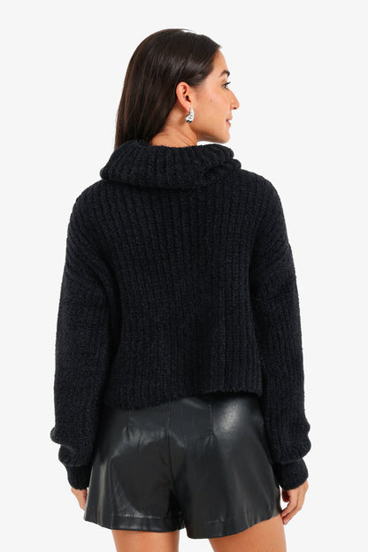 Polyamide Cowl Neck Cropped Pullover – Black