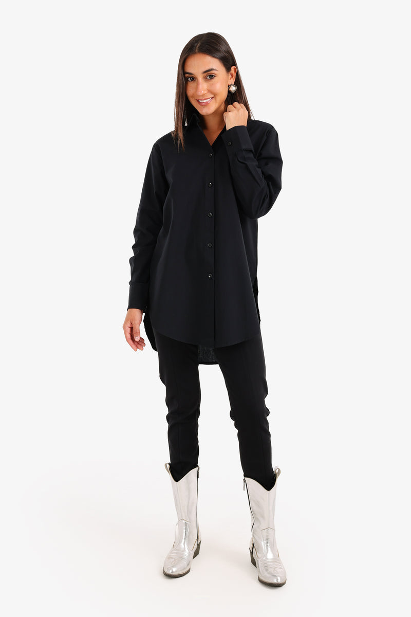 Cotton High-Low Relaxed Shirt – Black