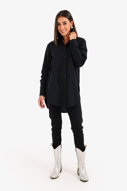 Cotton High-Low Relaxed Shirt – Black